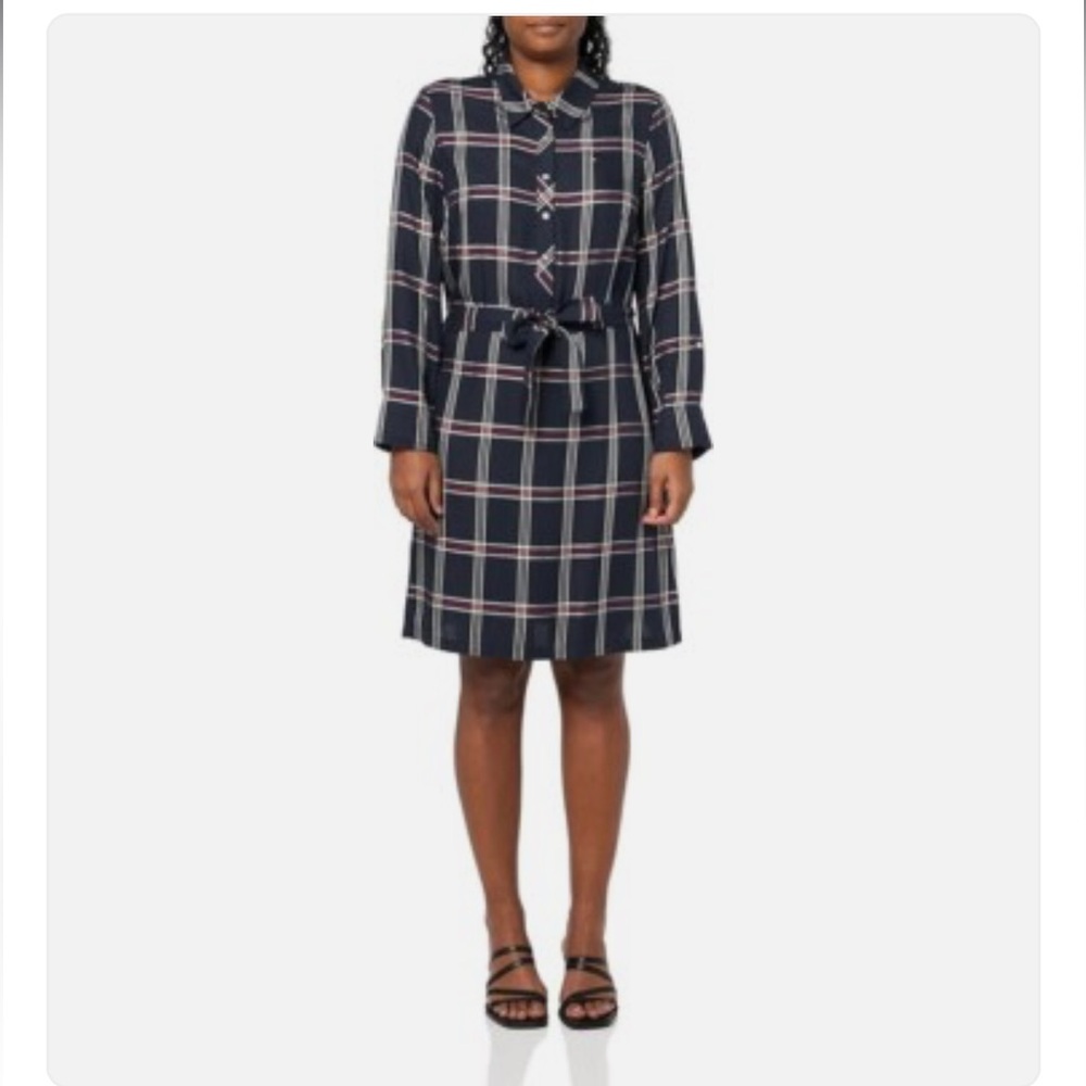 TOMMY HILFIGER NAVY BLUE PLAID BELTED SHIRT DRESS